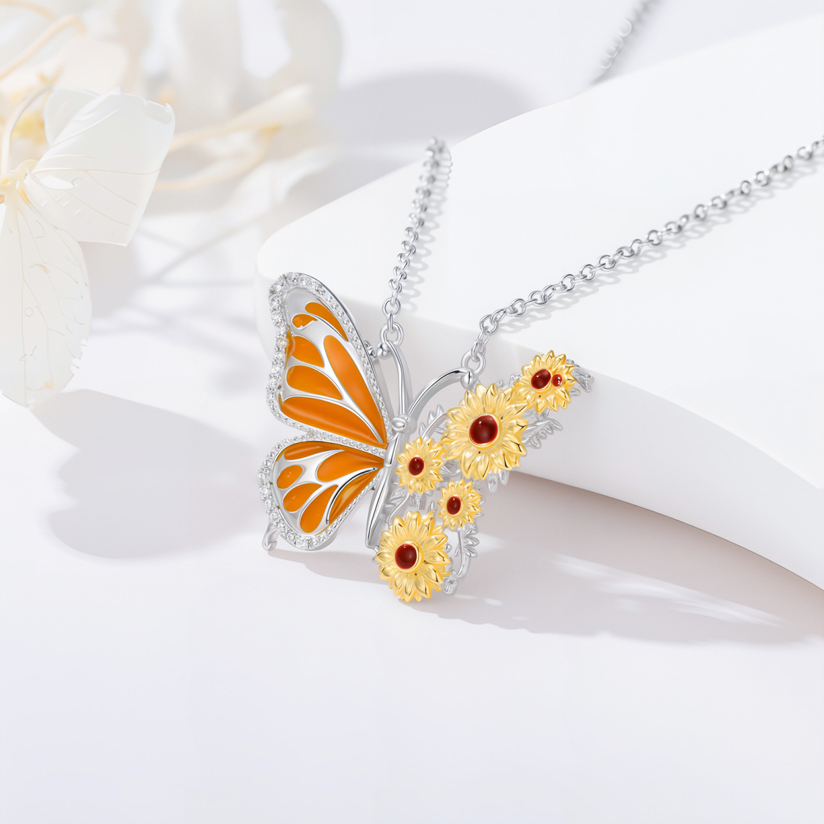 Sterling Silver Two-tone Butterfly & Sunflower Pendant Necklace-4