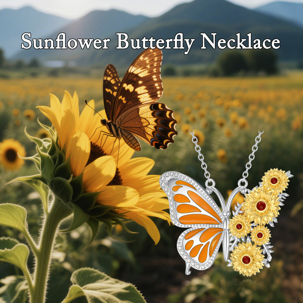 Sterling Silver Two-tone Butterfly & Sunflower Pendant Necklace-5