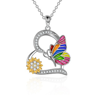 Sterling Silver Two-tone Cubic Zirconia Butterfly & Sunflower Pendant Necklace-5