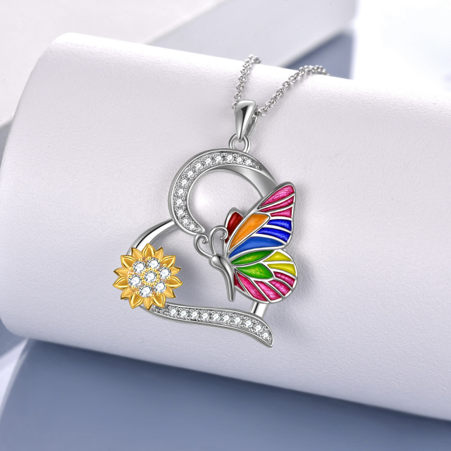 Sterling Silver Two-tone Cubic Zirconia Butterfly & Sunflower Pendant Necklace-3