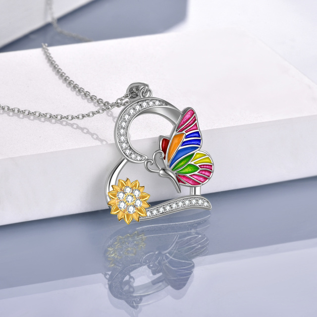 Sterling Silver Two-tone Cubic Zirconia Butterfly & Sunflower Pendant Necklace-4