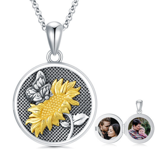 Sterling Silver Two-Tone Butterfly With Sunflower Personalized Photo Locket Necklace With Engraved Word For Women