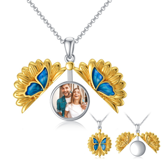 Collier avec médaillon photo personnalisé en argent sterling et tournesol bicolore