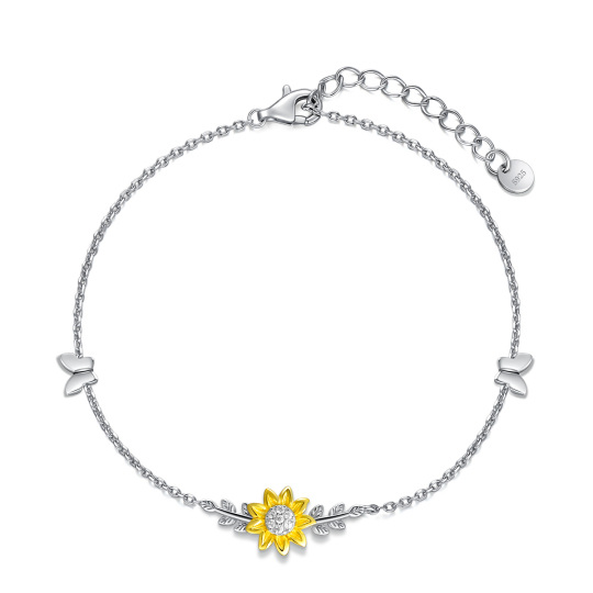 Bracelet de cheville en argent sterling bicolore avec papillon et tournesol