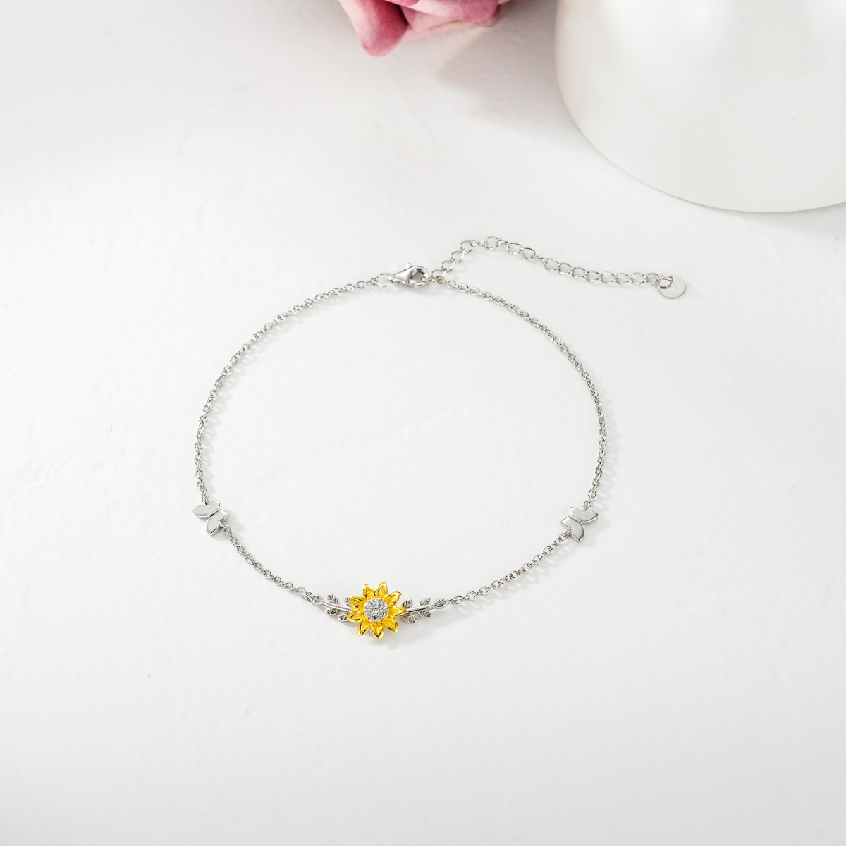 Cavigliera a strato singolo con girasole a farfalla bicolore in argento sterling-3