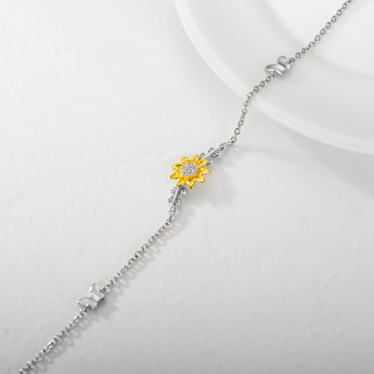 Sterling Silver Two-tone Butterfly & Sunflower Single Layer Anklet-4