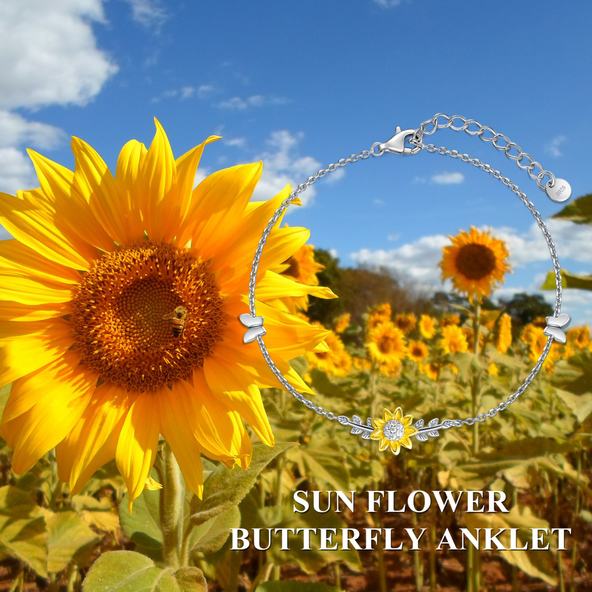 Tobillera bicolor de plata de ley con una sola capa de mariposa y girasol-6