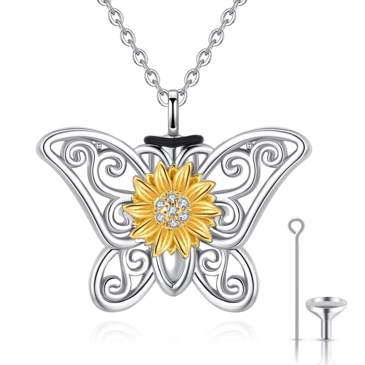 Collana d'argento bicolore con farfalla e girasole per urna per le ceneri-1