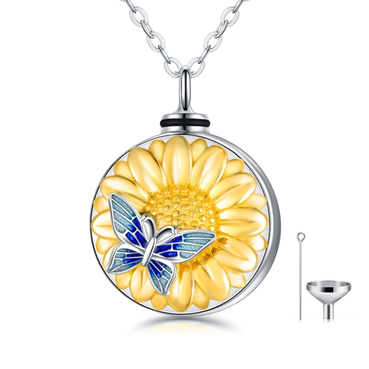 Collar de urna de plata de ley con forma de girasol y mariposa de dos tonos para cenizas con palabra grabada-1