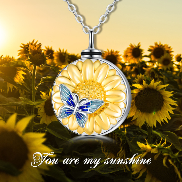 Collar de urna de plata de ley con forma de girasol y mariposa de dos tonos para cenizas con palabra grabada-6