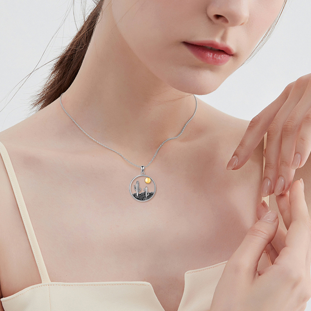 Sterling Silver Two-tone Cactus & Sun Pendant Necklace-2