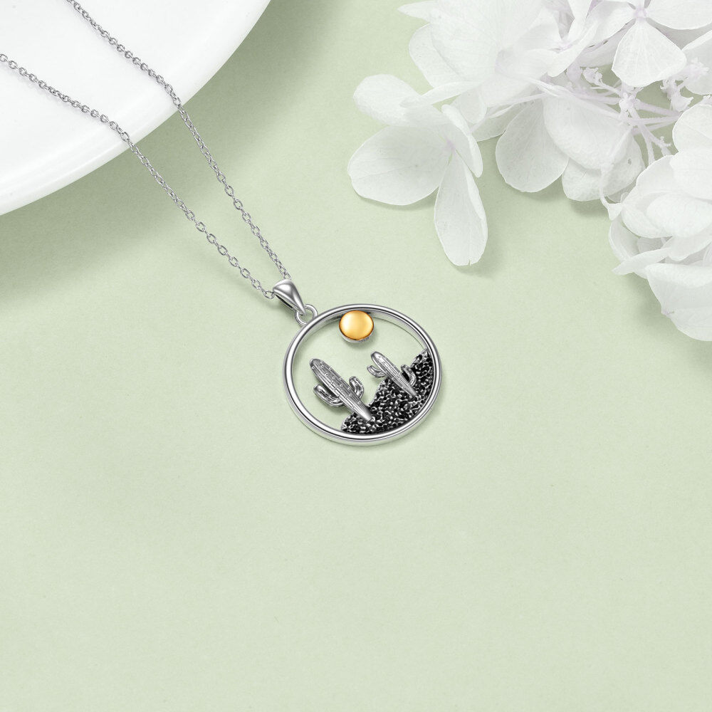 Sterling Silver Two-tone Cactus & Sun Pendant Necklace-4