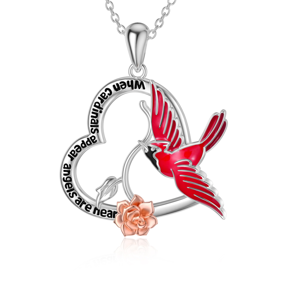 Sterling Silver Two-tone Cardinal & Rose & Heart Pendant Necklace with Engraved Word-1