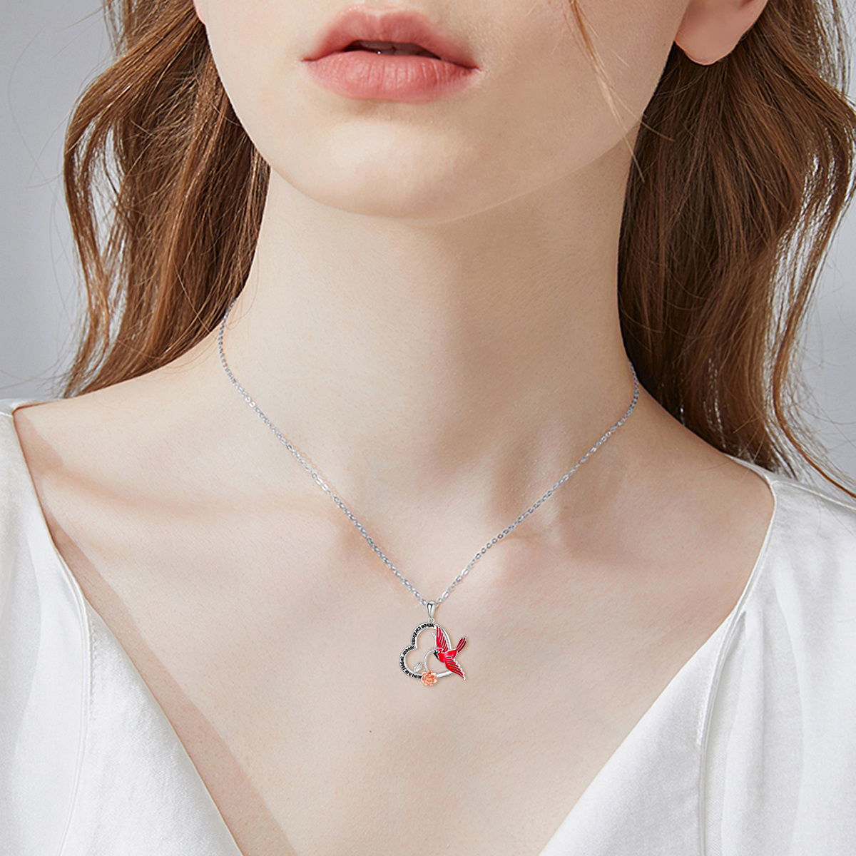 Sterling Silver Two-tone Cardinal & Rose & Heart Pendant Necklace with Engraved Word-2