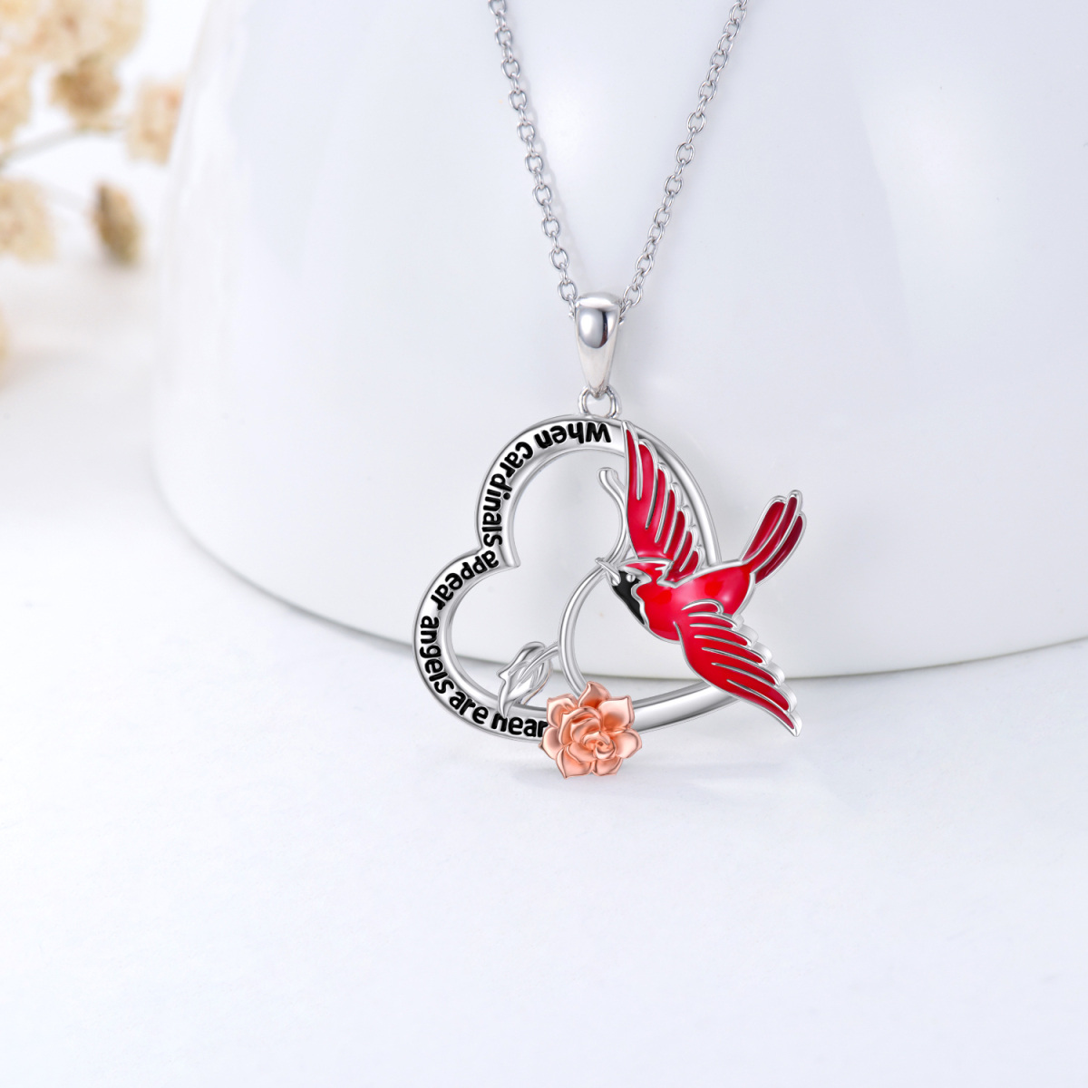 Sterling Silver Two-tone Cardinal & Rose & Heart Pendant Necklace with Engraved Word-3