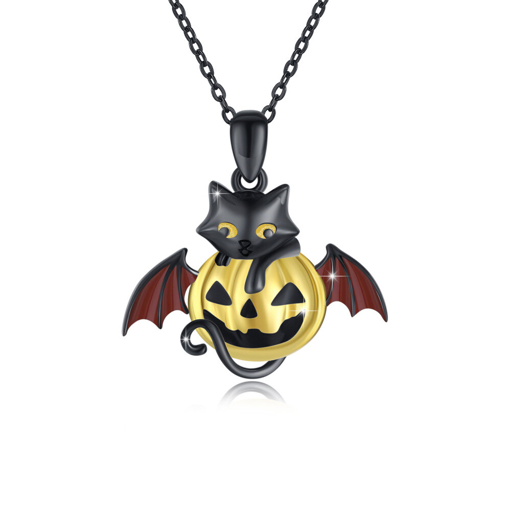 Sterling Silver Two-tone Cat Animal & Pumpkin Pendant Necklace-1