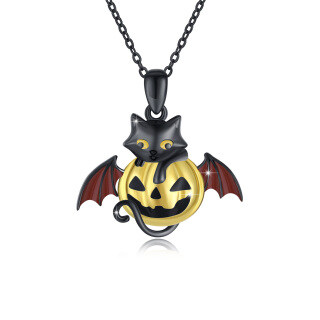 Sterling Silver Two-tone Cat Animal & Pumpkin Pendant Necklace-13