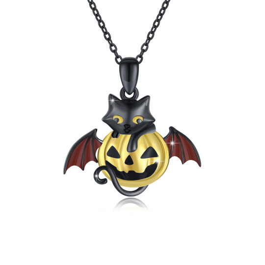 Sterling Silver Two-tone Cat Animal & Pumpkin Pendant Necklace