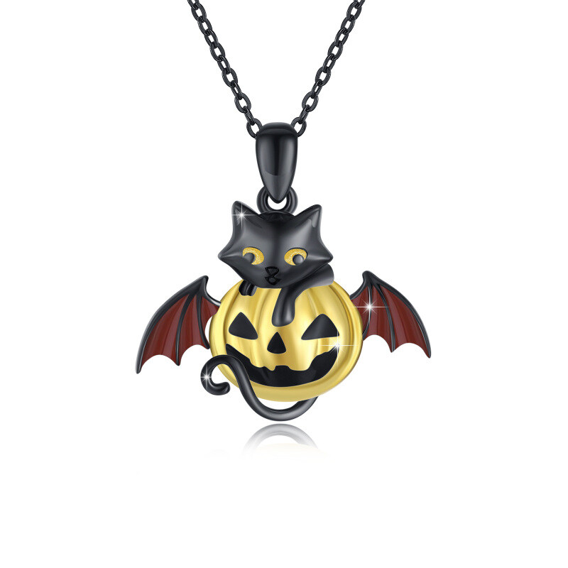 Sterling Silver Two-tone Cat Animal & Pumpkin Pendant Necklace-15