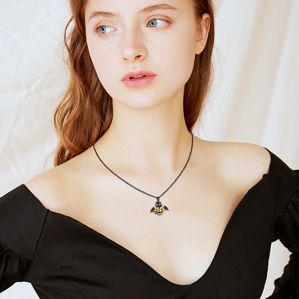 Sterling Silver Two-tone Cat Animal & Pumpkin Pendant Necklace-2