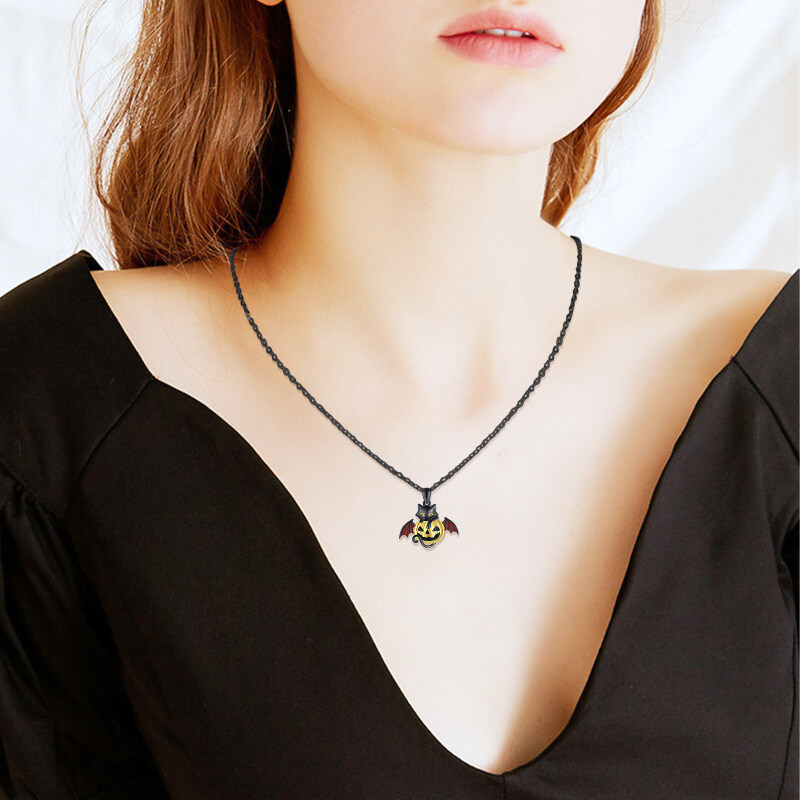 Sterling Silver Two-tone Cat Animal & Pumpkin Pendant Necklace-3