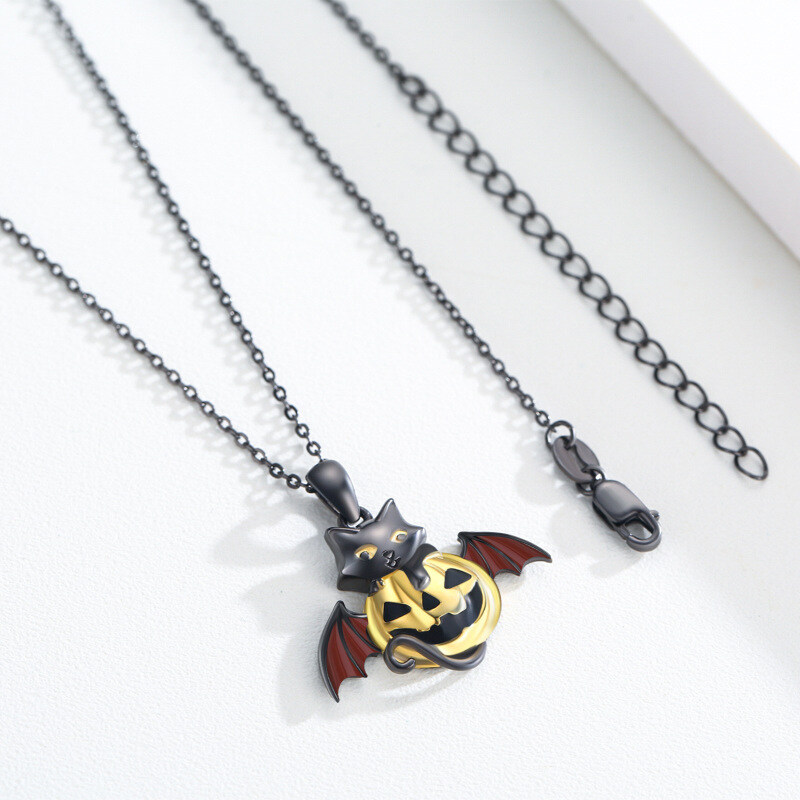 Sterling Silver Two-tone Cat Animal & Pumpkin Pendant Necklace-4