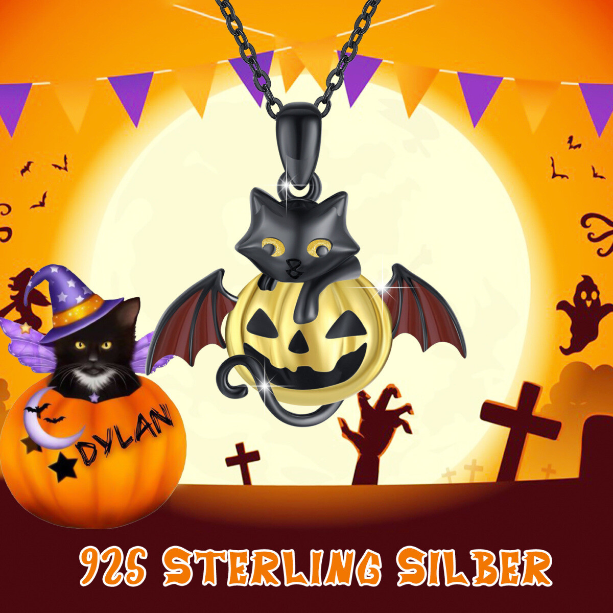 Sterling Silver Two-tone Cat Animal Pumpkin Pendant Necklace