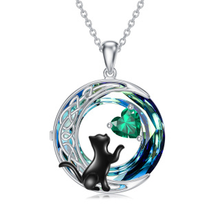 Sterling Silver Two-tone Cat & Celtic Knot & Moon Crystal Pendant Necklace-1