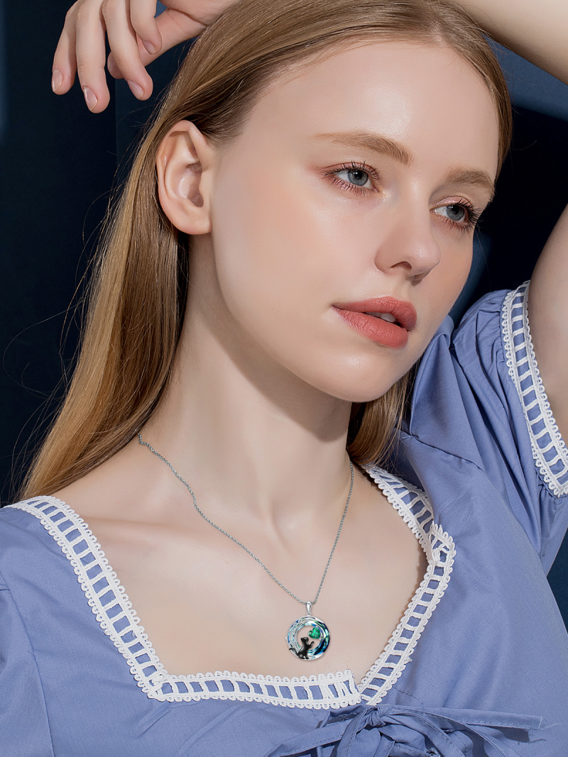 Sterling Silver Two-tone Cat & Celtic Knot & Moon Crystal Pendant Necklace-2