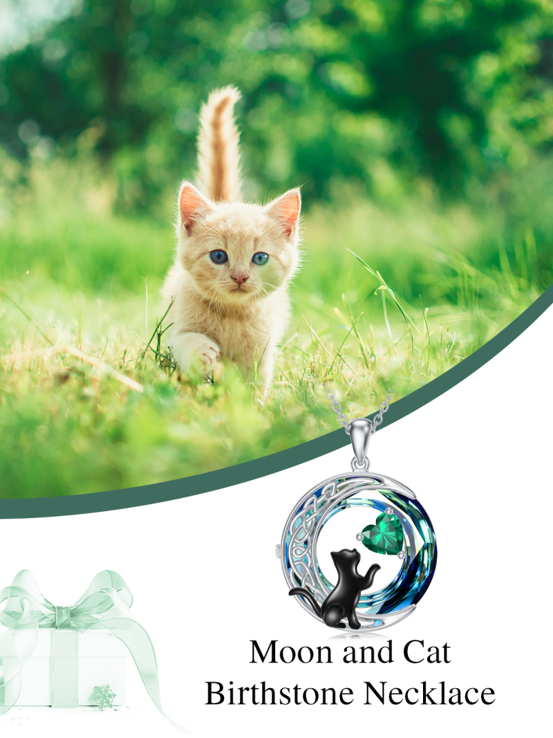 Sterling Silver Two-tone Cat & Celtic Knot & Moon Crystal Pendant Necklace-5