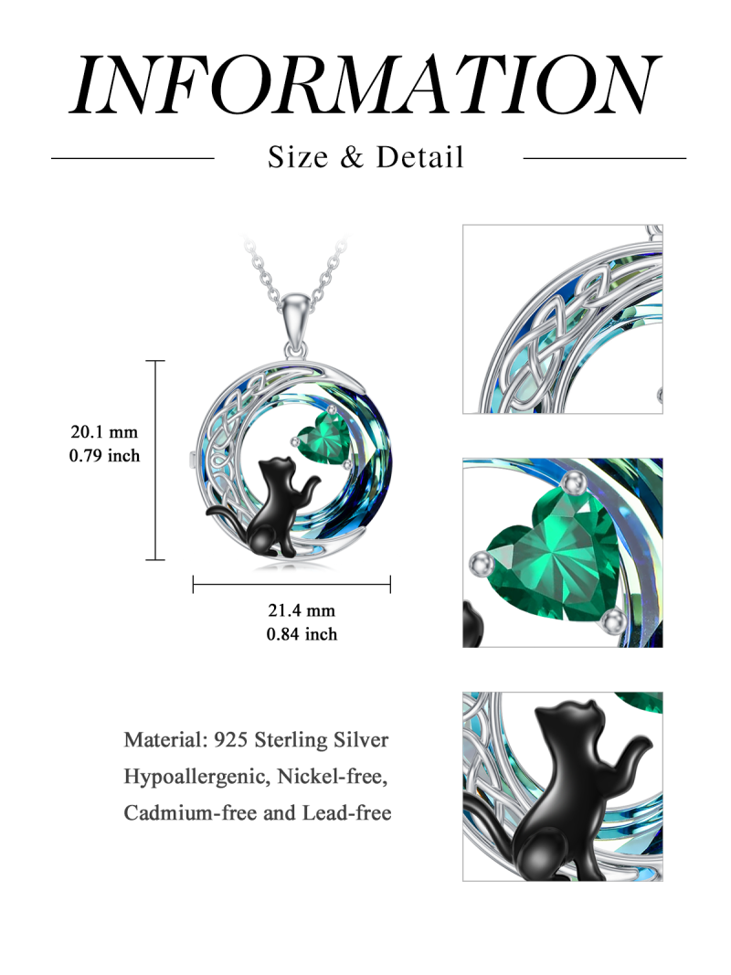 Sterling Silver Two-tone Cat & Celtic Knot & Moon Crystal Pendant Necklace-6