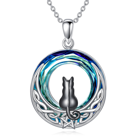 Sterling Silver Two-tone Cat & Celtic Knot & Moon Crystal Pendant Necklace