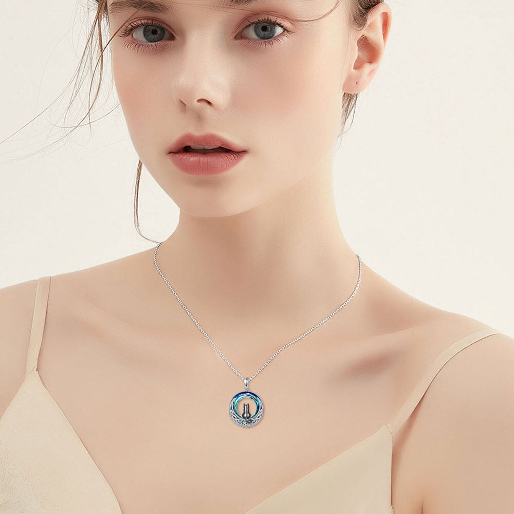 Sterling Silver Two-Tone Cat With Celtic Knot With Moon Crystal Pendant Necklace-2