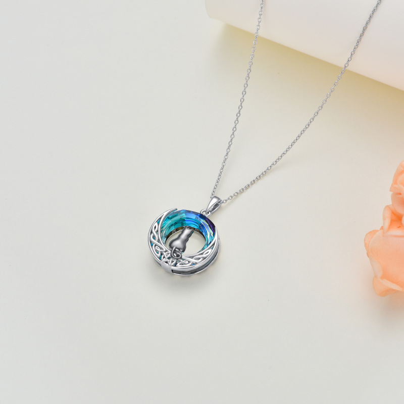 Sterling Silver Two-Tone Cat With Celtic Knot With Moon Crystal Pendant Necklace-3