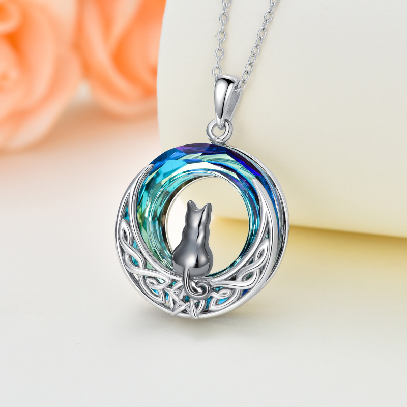 Sterling Silver Two-Tone Cat With Celtic Knot With Moon Crystal Pendant Necklace-4