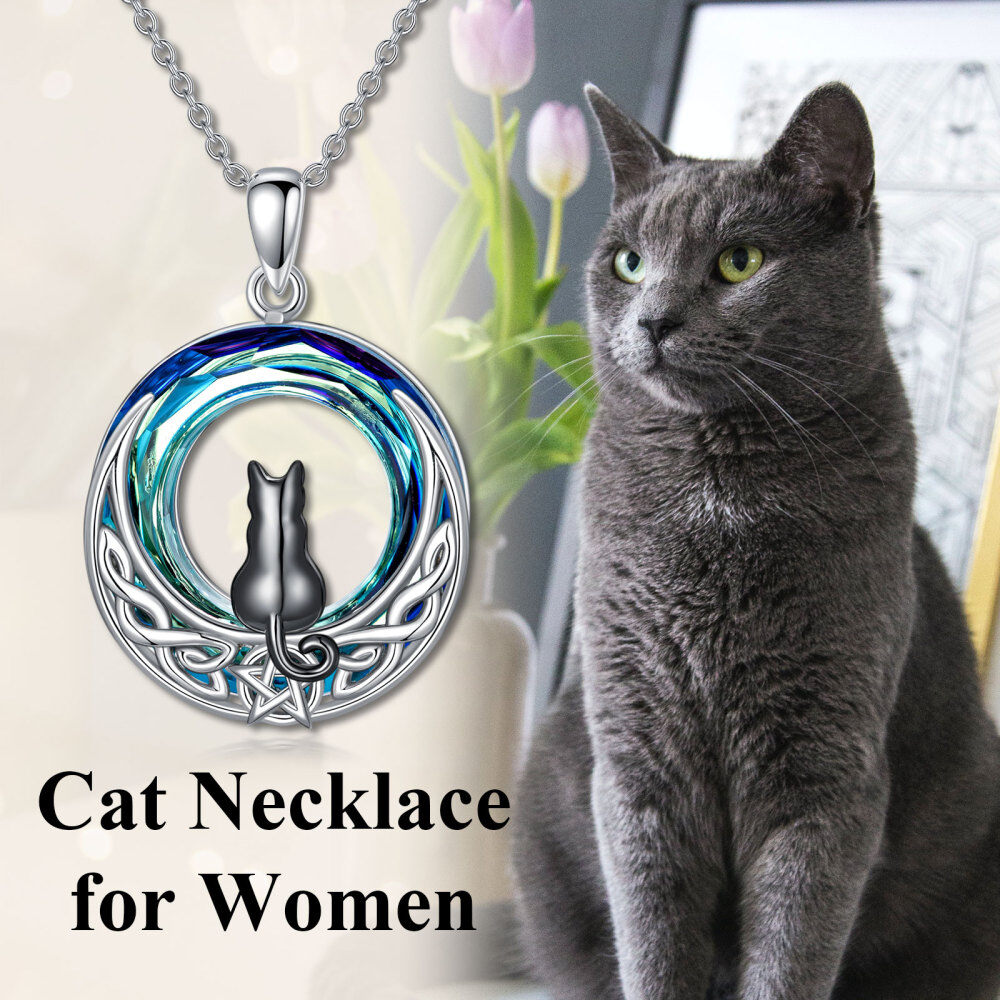 Sterling Silver Two-Tone Cat With Celtic Knot With Moon Crystal Pendant Necklace-6