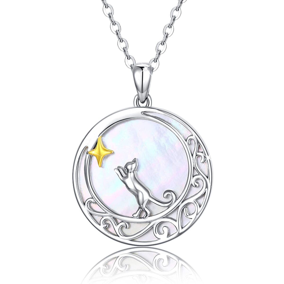 Collier avec pendentif en forme de lune et de chat bicolore en argent sterling pour femme-1