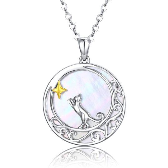 Sterling Silver Two-tone Cat & Celtic Knot & Moon Pendant Necklace with Cable Chain