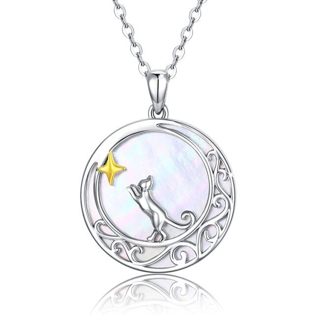 Sterling Silver Two-tone Cat & Celtic Knot & Moon Pendant Necklace with Cable Chain-1