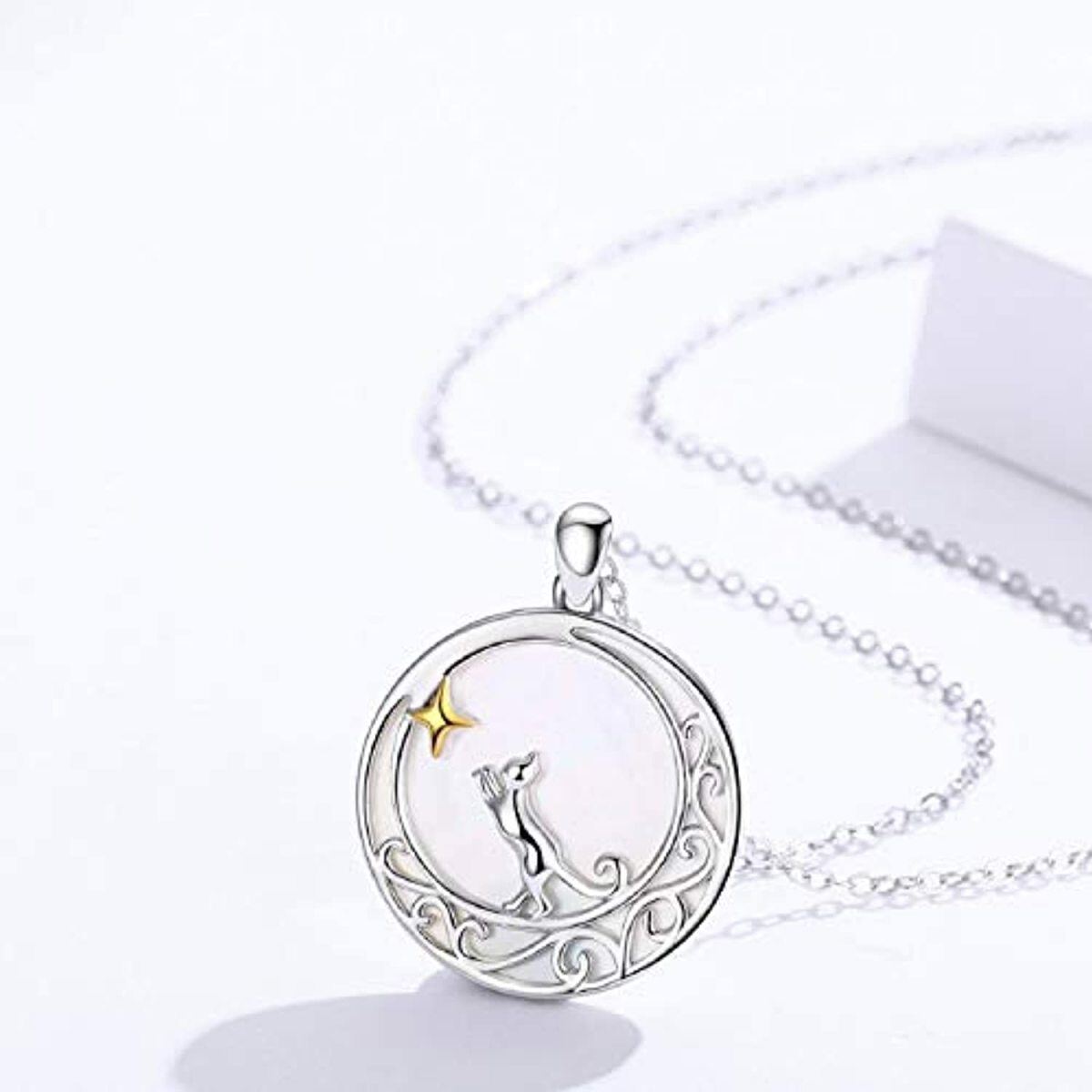 Collier avec pendentif en forme de lune et de chat bicolore en argent sterling pour femme-4