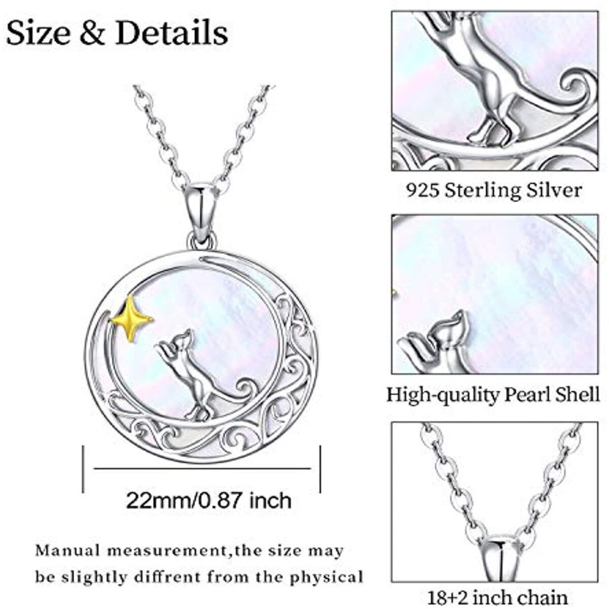 Collier avec pendentif en forme de lune et de chat bicolore en argent sterling pour femme-5