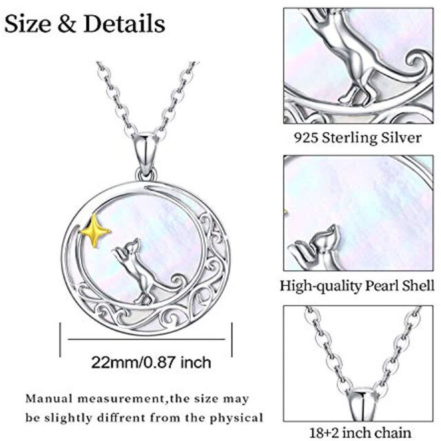 Sterling Silver Two-tone Cat & Celtic Knot & Moon Pendant Necklace with Cable Chain-5