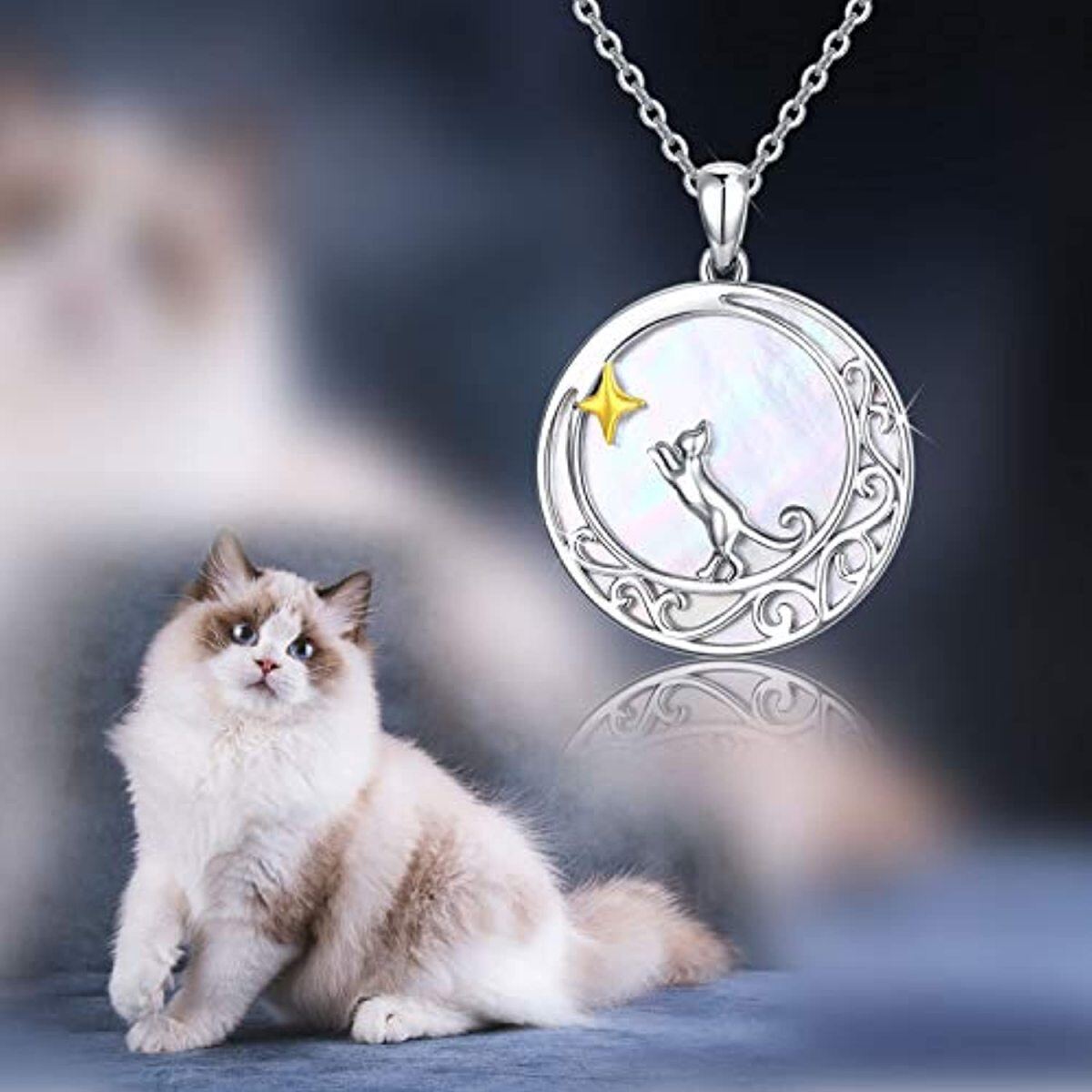 Collier avec pendentif en forme de lune et de chat bicolore en argent sterling pour femme-6