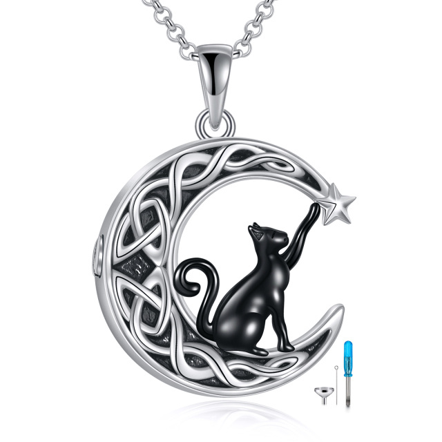 Collana in argento sterling bicolore con nodo celtico di gatto nero e urna di luna crescente per ceneri