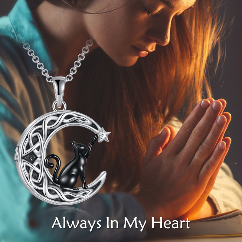 Sterling Silver Two-Tone Black Cat Celtic Knot & Crescent Moon Urn Necklace For Ashes-3