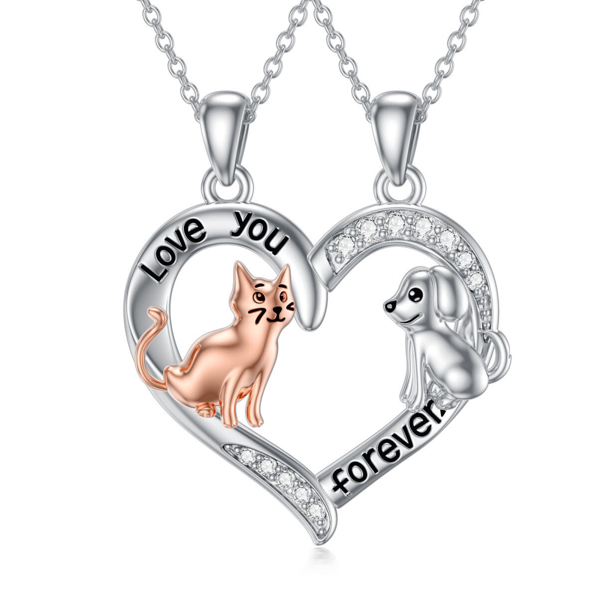 Sterling Silver Two-Tone Cubic Zirconia Cat & Dog Heart Pendant Necklace For Women-1