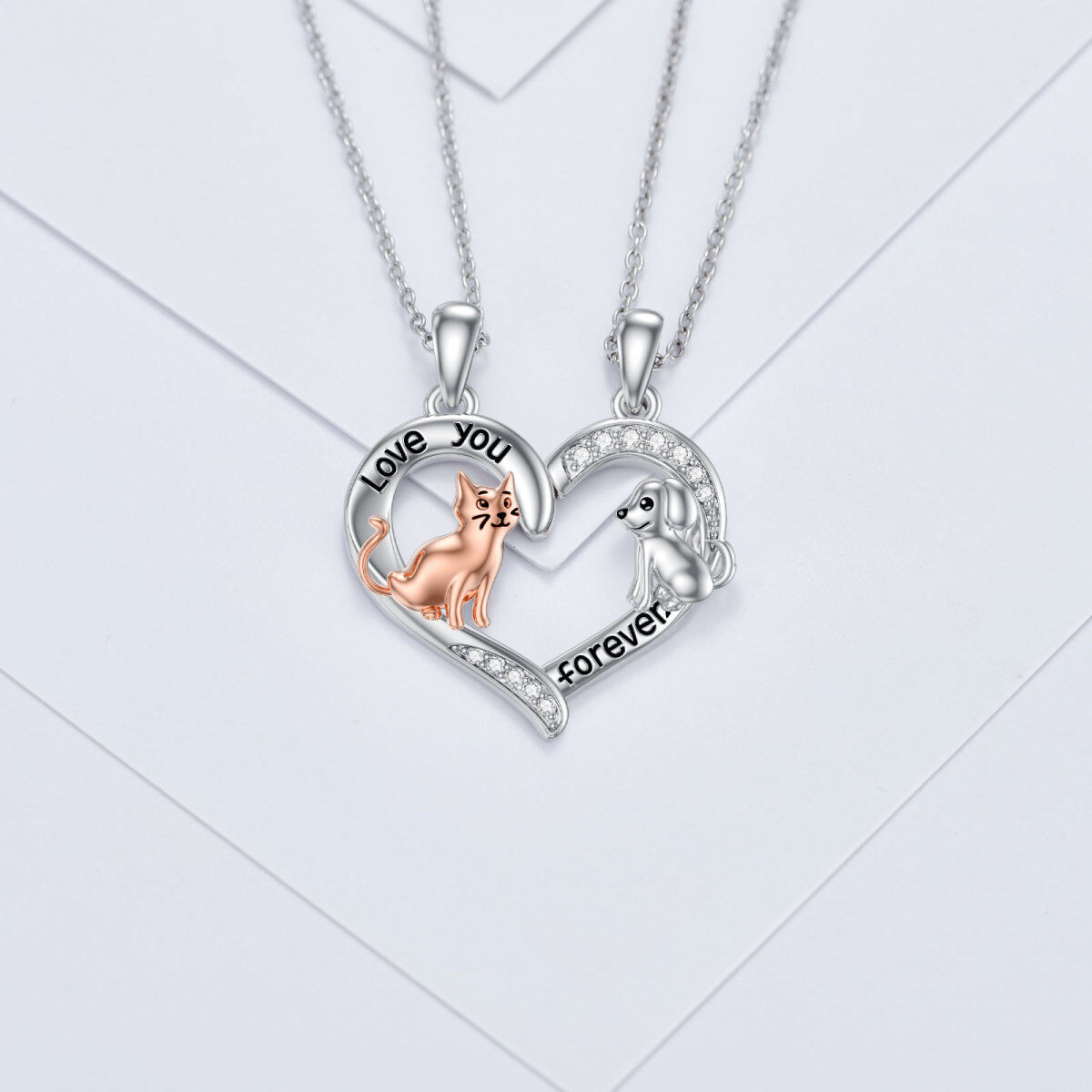 Sterling Silver Two-Tone Cubic Zirconia Cat & Dog Heart Pendant Necklace For Women-3