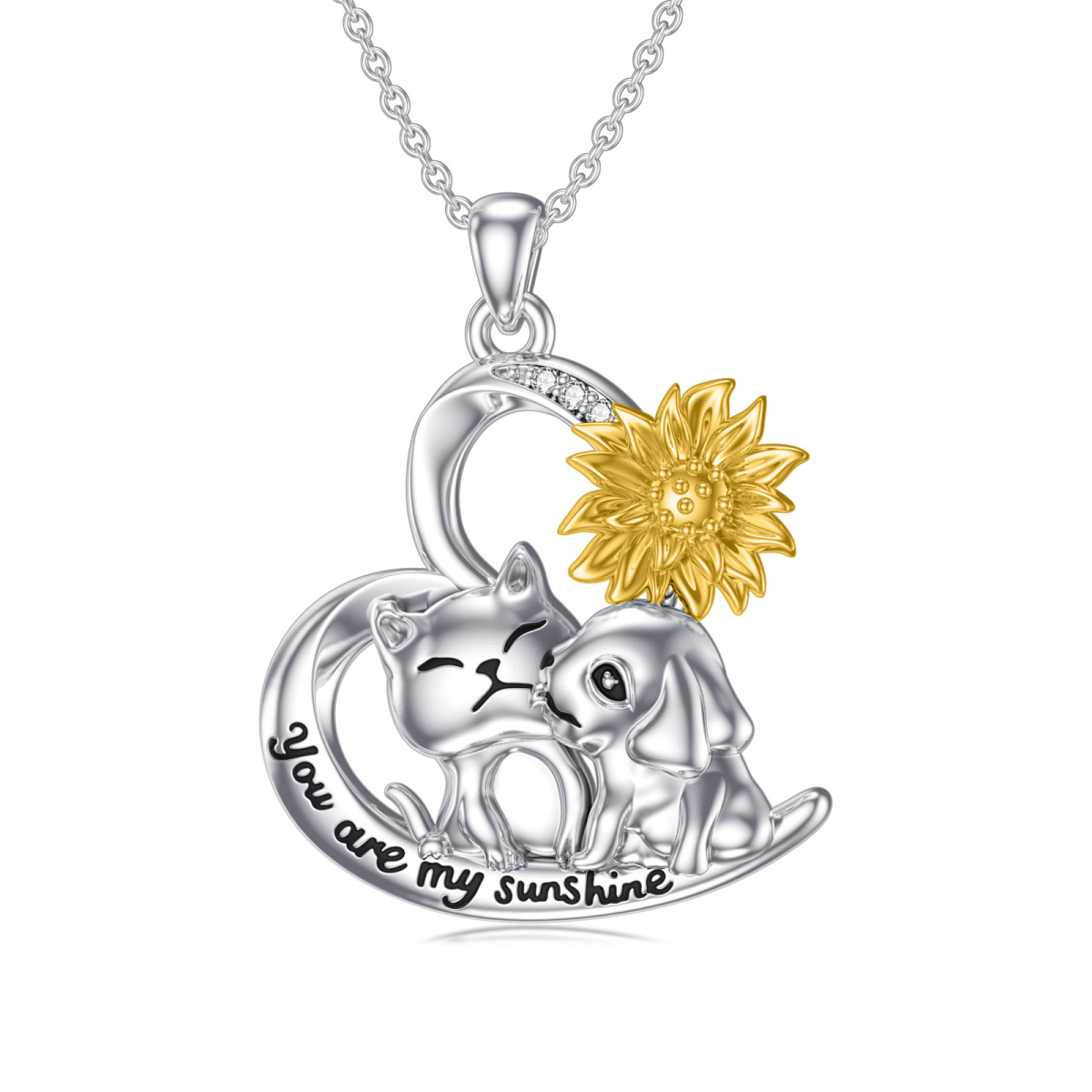 Collier avec pendentif chat et chien en argent sterling et oxyde de zirconium bicolore-1