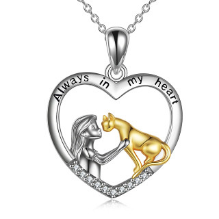 Sterling Silver Two-tone Cat & Girl Heart Pendant Necklace with Engraved Word-58