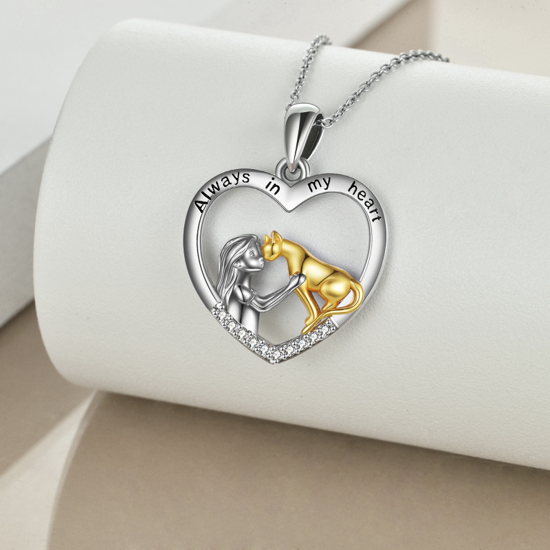 Sterling Silver Two-tone Cat & Girl Heart Pendant Necklace with Engraved Word-3